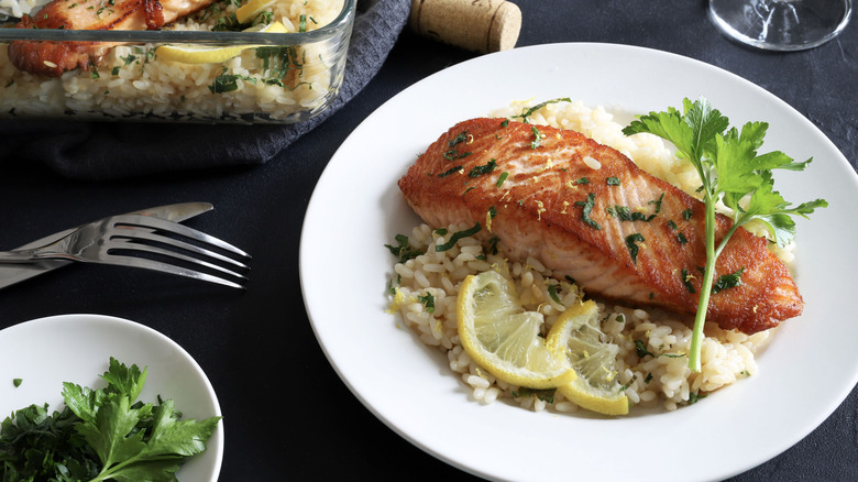 Salmón y arroz en un plato