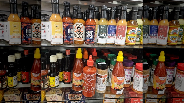 Surtido de botellas de salsa picante en dos estantes de vidrio
