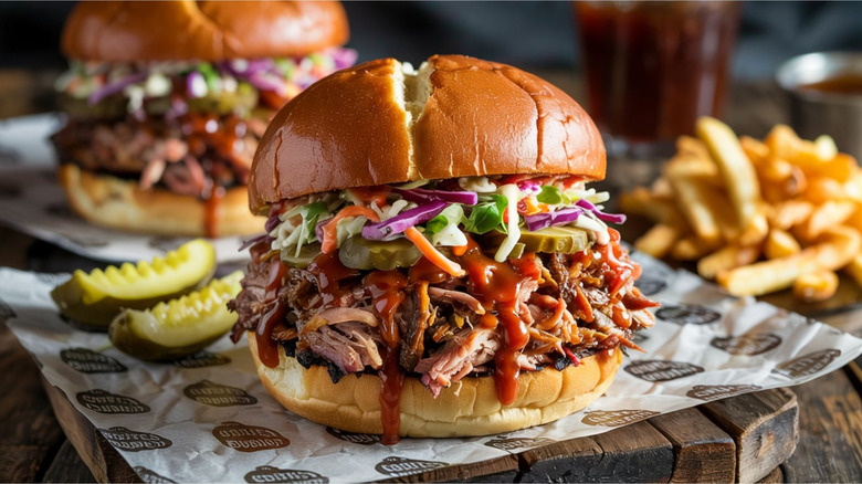 Sándwich de barbacoa de cerdo desmenuzado con salsa