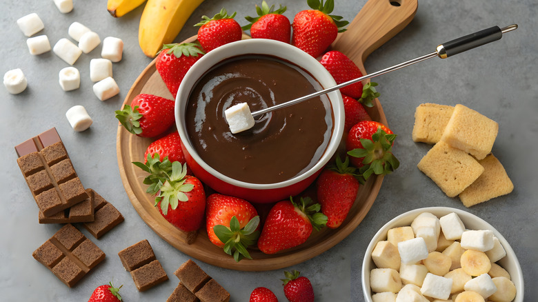 tazón de fondue de chocolate rodeado de frutas, malvaviscos y bizcocho