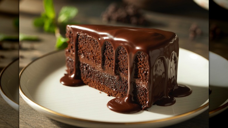 Un trozo de pastel de chocolate con ganache de chocolate encima, servido en un plato blanco
