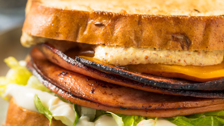 Primer plano de un sándwich de mortadela frita