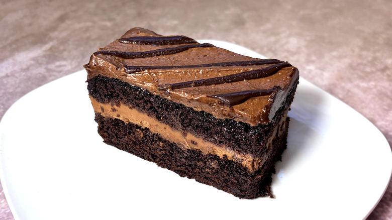 Rebanada de pastel de chocolate de dos capas.
