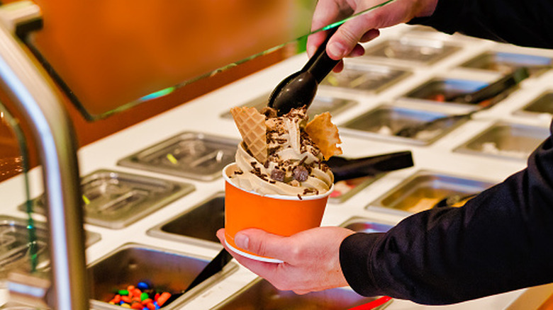 Yogur helado en una taza con aderezos