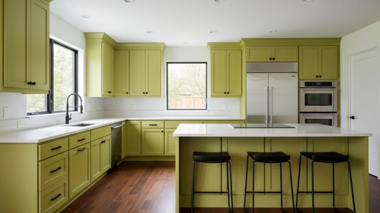 Cocina con gabinetes de color amarillo verdoso y encimeras blancas.