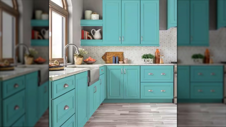 Cocina con gabinetes color turquesa