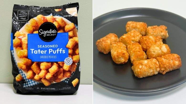 Bolsa de Tater Puffs sazonados Signature Select y un plato con algunos Tater Puffs sazonados Signature Select