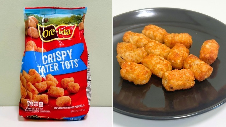 Tater tots crujientes Ore-Ida en bolsa y en plato