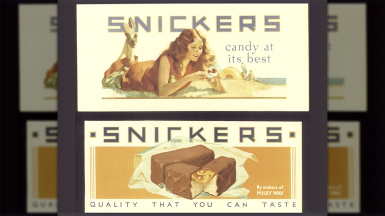 Envoltorio original de Snickers de los años 30 con ilustración de una barra de chocolate en un lado y una mujer sosteniendo un Snickers en el otro.