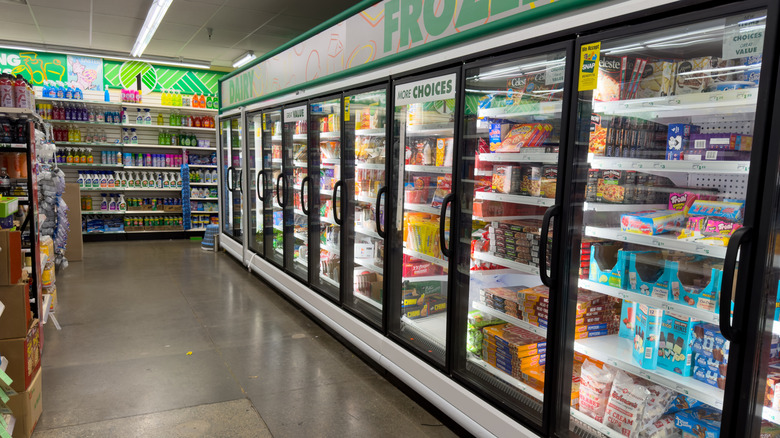 El pasillo de alimentos congelados en una tienda de Dollar Tree