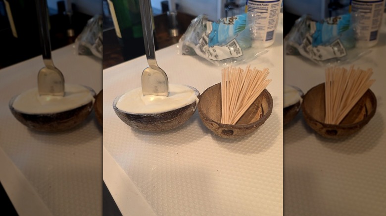 Una encimera de cocina con una cáscara de coco que se utiliza como almacenamiento.