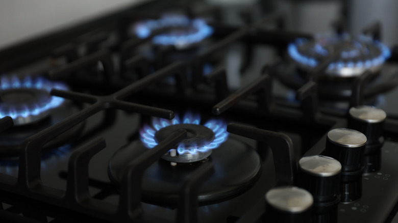 Quemadores de gas encendidos con llamas azules.