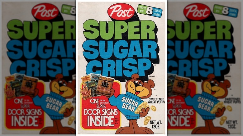 La portada de una caja de cereal Super Sugar Crisp.