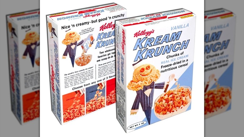 Vista frontal y posterior de una caja de cereal Kream Krunch de Kellogg's