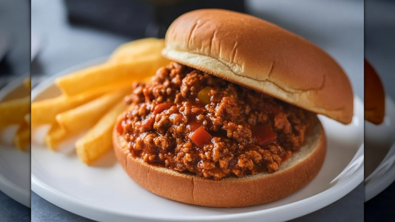 Dos Sloppy Joes sobre bollos sobre una superficie de granito con fondo negro