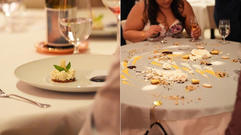 Fotografías una al lado de la otra de dos comidas diferentes en un restaurante de Alinea