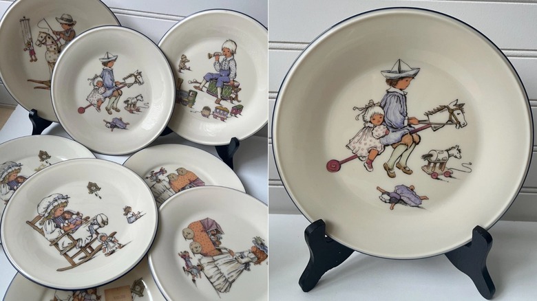 Fotografías una al lado de la otra de una pila de placas Lenox con el patrón Special, junto a una imagen de una única placa Special Lenox con dos niños montando un caballo de juguete.