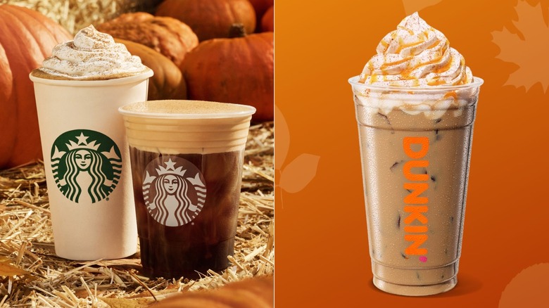 Fotografías una al lado de la otra de bebidas de café con especias de calabaza de Starbucks y Dunkin'